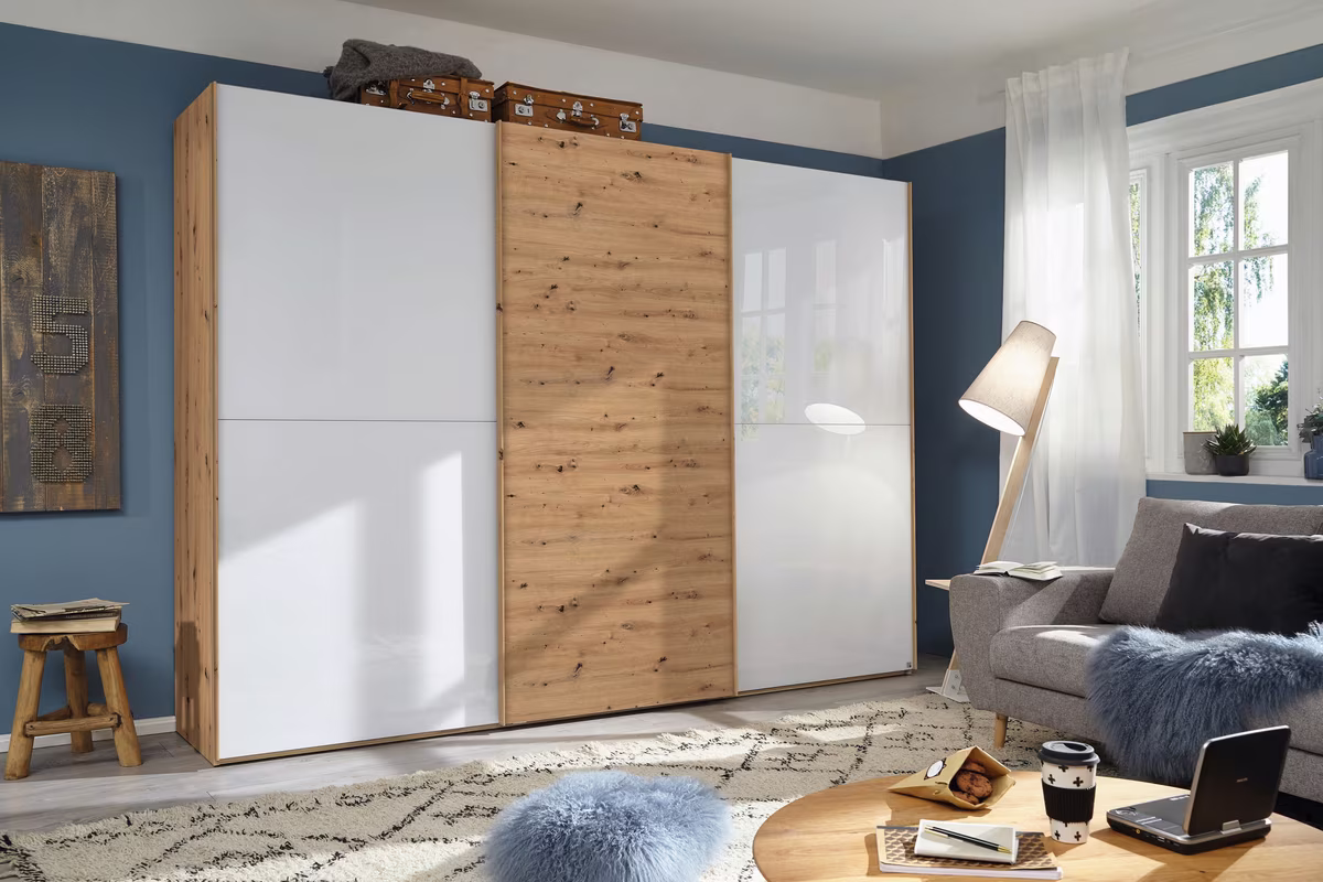 Rauch Select yourJOYce - Schwebetürenschrank Eiche Artisan und Glas Kristallweiß - Ansicht 2