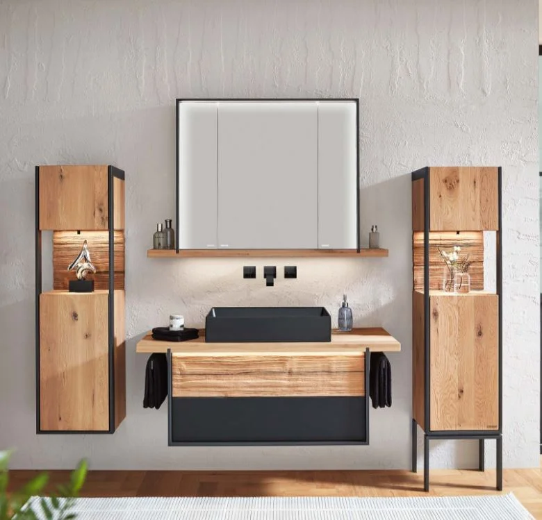 Thielemeyer Steel Massivholz Badmöbelset - 125,5 cm / Variante 8 / 5-teilig