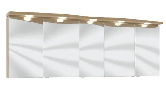 Spiegelschrank 180 cm SET40183 L/R, 2 Spiegelschränken S2A 4375 13 je: 2 Spiegeldrehtüren auf Trägerplatte, 2 Glasfachböden, 1 Schalter-Steckdosen-Element, inkl. 1 Converter 15 Watt Spiegelschrank S2A 4330 13: 1 Spiegeldrehtür auf Trägerplatte, 2 Glasfach