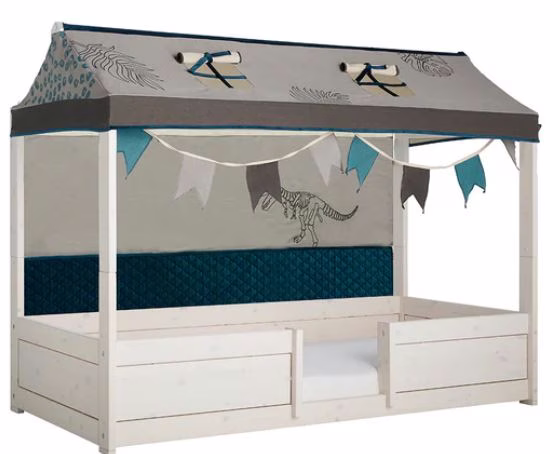 Stoffrückwand Dino 7636 / Material: 100% PES - 40% CO / 60% PES Farbe: Grau &  Blau Abmessungen: 200 cm x 98 cm Reinigungsanleitung: 30 ° C.