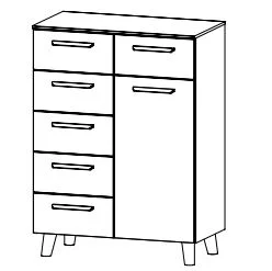 Kombikommode mit 1 Türe und 6 Schubkästen / Füße und Griffe Wildeiche massiv / Breite 80 cm / Höhe 109 cm / Tiefe 42 cm