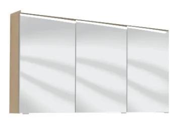 Spiegelschrank 120 cm S2A432S6, 1 Gesimsboden mit LED-Beleuchtung, 3 Spiegeltüren auf Trägerplatte, 2 Mittelwände, 6 Glasfachböden, 1 Schalter- und Steckdosenelement, Maße: 15x120x65,6 cm