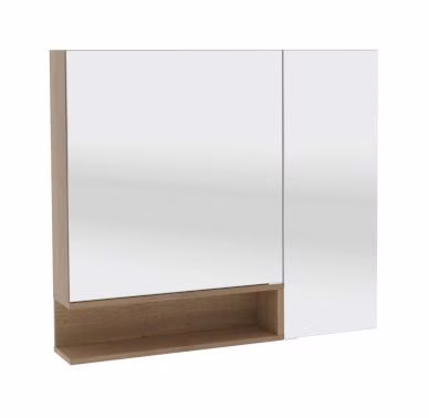 SET539LRG Spiegelschrank, 2 Doppelspiegeltüren, 4 Glasböden, 1 Mittelwand, hohe Spiegeltüre rechts, Regal links geöffnet, Regal farblich absetzbar, Schalter und Steckdose - Maße: 15x90x802 cm