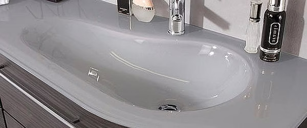 Glaswaschtisch Quarzitgrau -  Ablagefläche links / Becken rechts