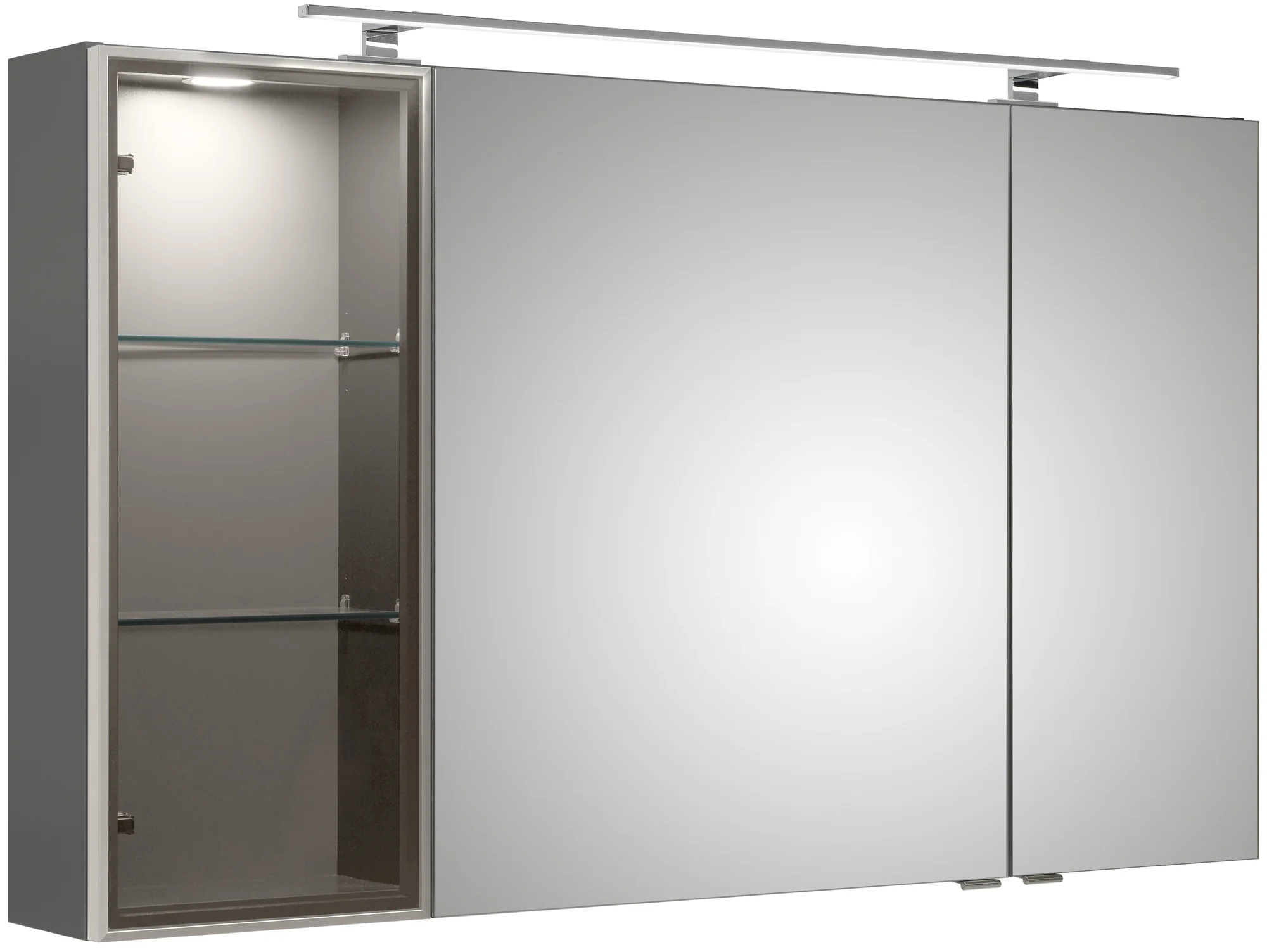 SENE01390 L/R Spiegelschrank mit Vitrine mit silberner Glastür