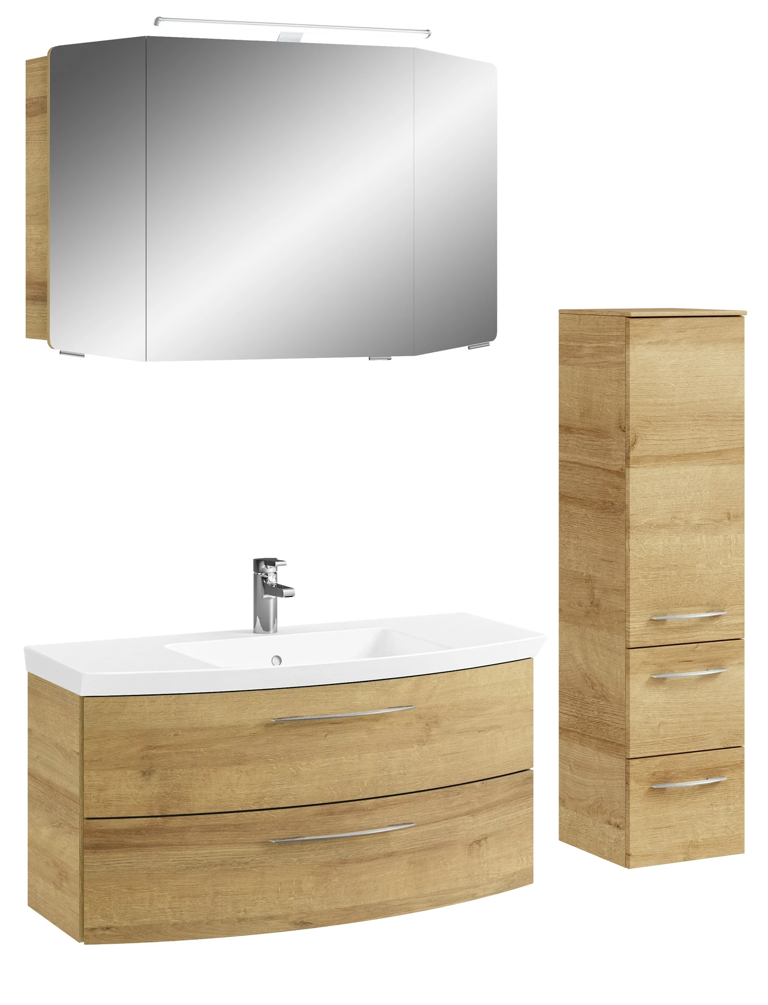 Pelipal Cassca Set in Riviera Eiche mit Mineralmarmorwaschtisch und Spiegelschrank - 100 cm