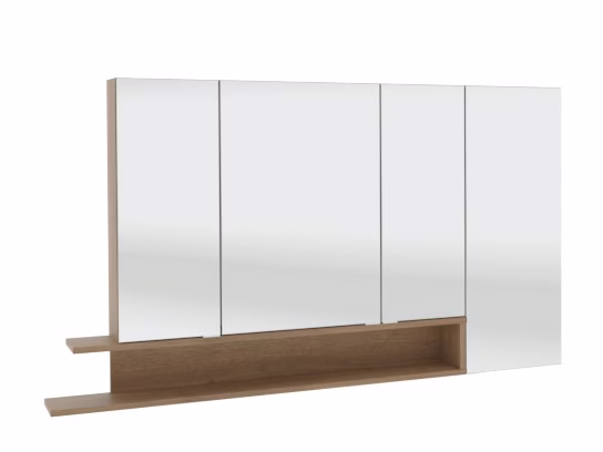SET532LRU Spiegelschrank, 4 Doppelspiegeltüren, 8 Glasböden, 3 Mittelwände, Schalter und Steckdose, Regal überstehend und links seitlich geöffnet, hohe Spiegeltüre rechts, Regal farblich absetzbar - Maße: 15x135x80 cm