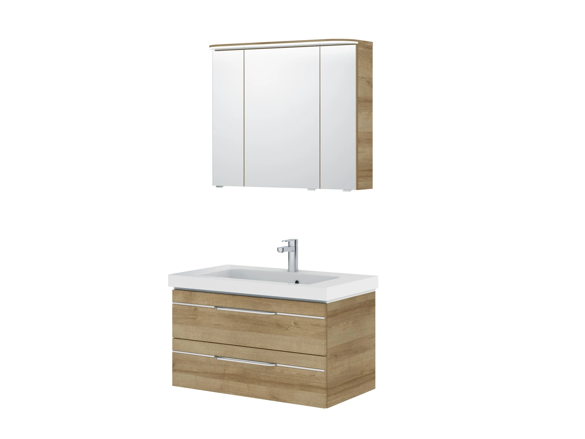 Pelipal Balto Set in Riviera Eiche mit Mineralmarmorwaschtisch, Griff Z1 und Spiegelschrank - 92 cm
