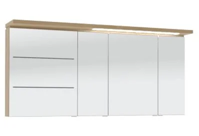 Spiegelschrank-Set 140 cm SET40142L, Spiegelschrank S2A 4390 1D: 3 Doppelspiegeltüren, 2 Mittelwände, 6 Glasfachböden, 1 Schalter-Steckdosen-Element Spiegelschrank S2A 435B 1D L: 1 Doppelspiegeltür, 2 sandgestrahlte LED-Lichtfenster, 2 beleuchtete Glasfac