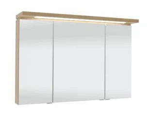 Spiegelschrank 90 cm SET43902, Spiegelschrank S2A 4390 1D: 3 Doppelspiegeltüren, 2 Mittelwände, 6 Glasfachböden, 1 Schalter-Steckdosen-Element, inkl. Griffblöcke Gesimsboden GS1 4190 B2: LED-Beleuchtung 11,4 Watt / Converter 30 Watt, 1 Zwischenplatte Ener