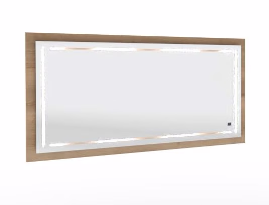 SET451501 Flächenspiegel, 1 Trägerplatte in Korpusdekor, 1 Flächenspiegel 140 cm breit und 64 cm hoch, 2 LED Streifen senkrecht, 2 LED Streifen waagerecht, 1 Touch LED Dimmer - Maße: 3,9x150x74 cm