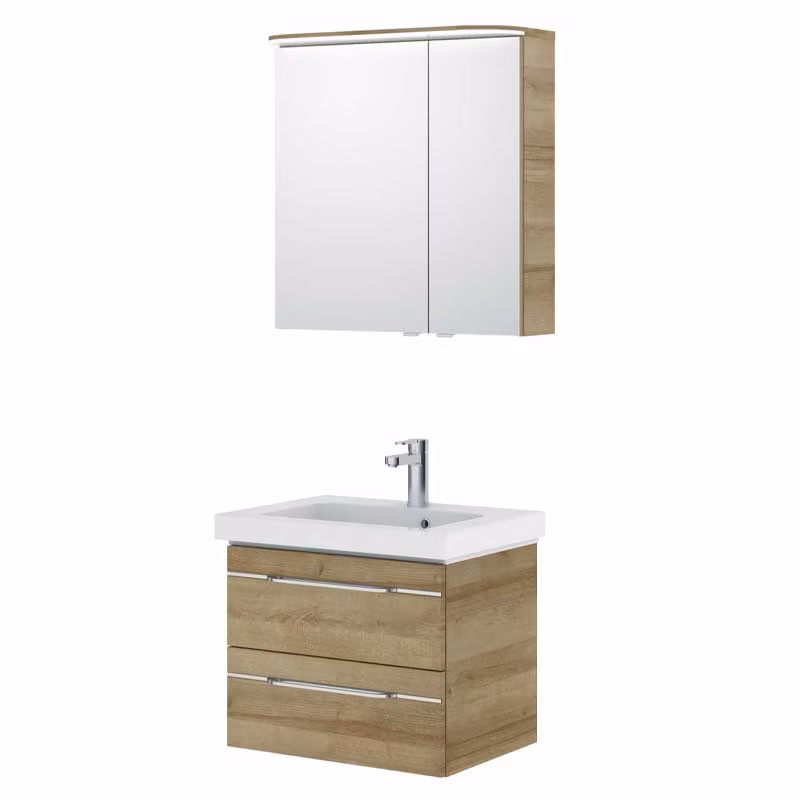 Pelipal Balto Set in Riviera Eiche mit Mineralmarmorwaschtisch, Griff Z1 und Spiegelschrank - 65 cm