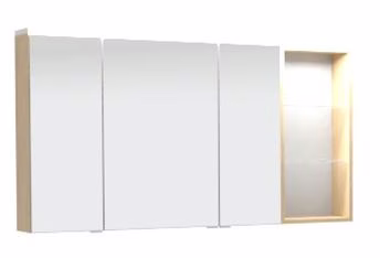 Spiegelschrank-Set 120 cm SET41122R, Spiegelschrank S2A 4390 1D: 3 Doppelspiegeltüren, 2 Mittelwände, 6 Glasfachböden, 1 Schalter-Steckdosen-Element, Regal RG 433B: 2 beleuchtete Glasfachböden, 2 x 1 Watt / Converter 30 Watt Gesimsboden GS1 4112 BR: LED-B