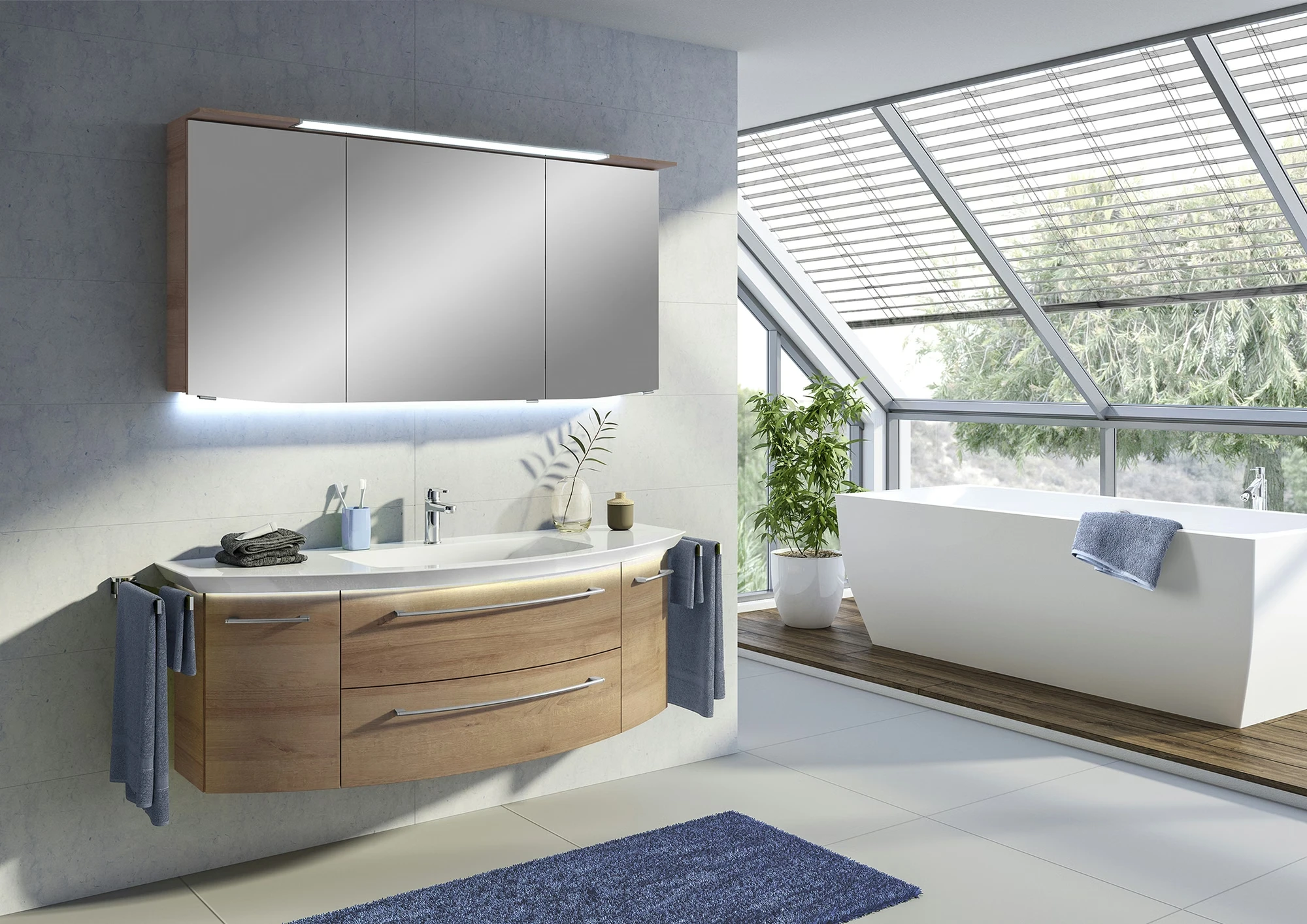 Pelipal Cassca Set in Riviera Eiche mit Mineralmarmorwaschtisch und Spiegelschrank - 140 cm