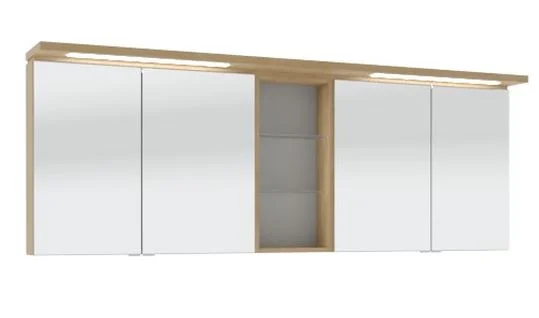 Spiegelschrank 180 cm SET4118 2, 2 Spiegelschränken S2A 4375 1 D je: 2 Doppelspiegeltüren, 2 Glasfachböden, 1 Schalter-Steckdosen-Element Regal RG 433B: 2 beleuchtete Glasfachböden, 2x1 Watt / Converter 30 Watt Gesimsboden GS1 4118 B2: LED-Beleuchtung 2x9