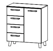 Kombikommode mit 1 Türe und 4 Schubkästen - Füße und Griffe Wildeiche massiv - Breite 80 cm /  Höhe 90 cm / Tiefe 42 cm