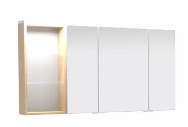 Spiegelschrank-Set 120 cm SET41122L, Spiegelschrank S2A 4390 1D: 3 Doppelspiegeltüren, 2 Mittelwände, 6 Glasfachböden, 1 Schalter-Steckdosen-Element, Regal RG 433B: 2 beleuchtete Glasfachböden, 2 x 1 Watt / Converter 30 Watt Gesimsboden GS1 4112 BL: LED-B