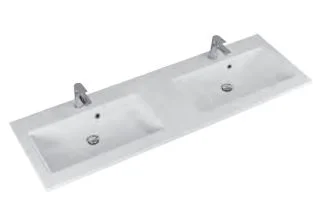 Doppel-Mineralmarmorwaschtisch weiss, mit Armaturbohrungen und Überläufen - 2x153x50 cm