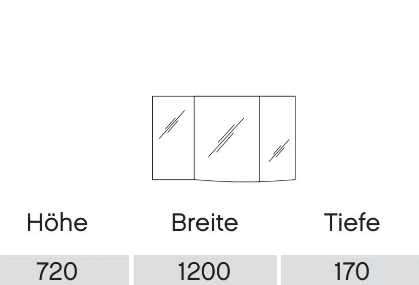 SEAE00112R Spiegelschrank mit 3 Drehtüren - einfach verspiegelt / 3 Drehtüren - einfach verspiegelt, 6 Glaseinlegeböden, Anschlag von links: R L L, optional mit Aufsatzleuchte und Waschplatzbeleuchtung erhältlich, 70 cm hoch / 120 cm breit / 17 cm tief