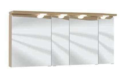 Spiegelschrank 140 cm SET40143L, Spiegelschrank S2A 4390 13: 3 Spiegeldrehtüren auf Trägerplatte, 2 Mittelwände, 6 Glasfachböden, 1 Schalter-Steckdosen-Element, inkl. Converter 30 Watt Spiegelschrank S2A 4350 13: 1 Spiegeldrehtür auf Trägerplatte, 2 Glasf