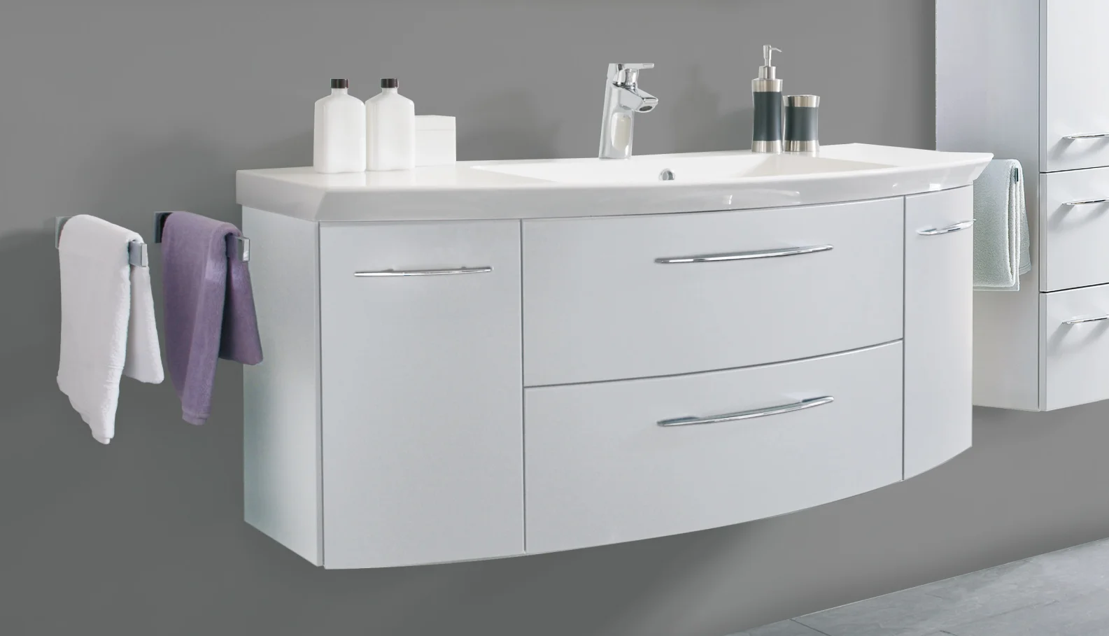 Calmo Badmöbelset 120 cm breit Weiß - Waschtisch, Waschtischunterschrank, Spiegelschrank - Ansicht 3
