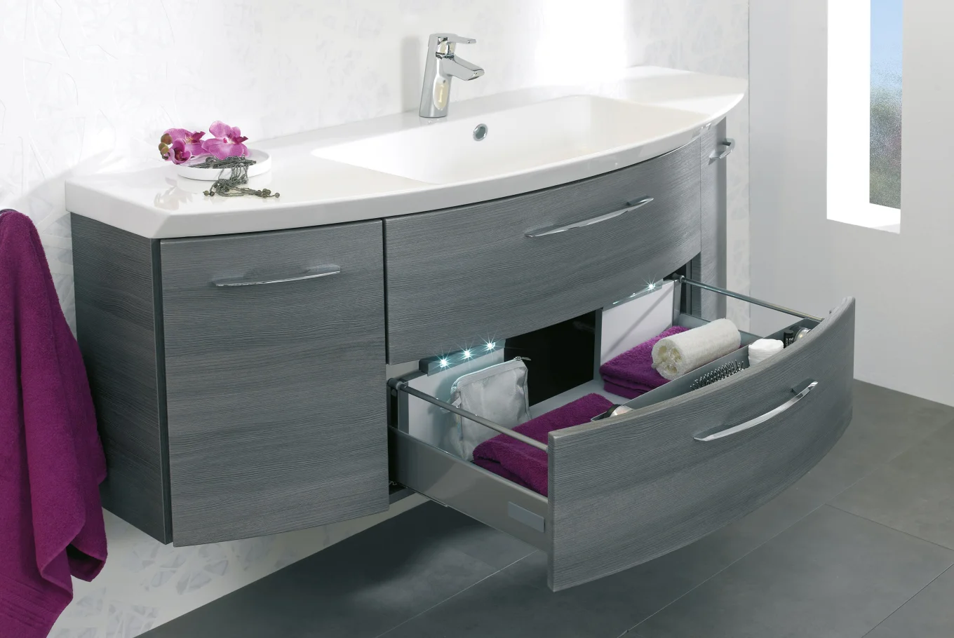 Calmo Badmöbelset 120 cm breit Grau - Waschtisch, Waschtischunterschrank, Spiegelschrank - Ansicht 3