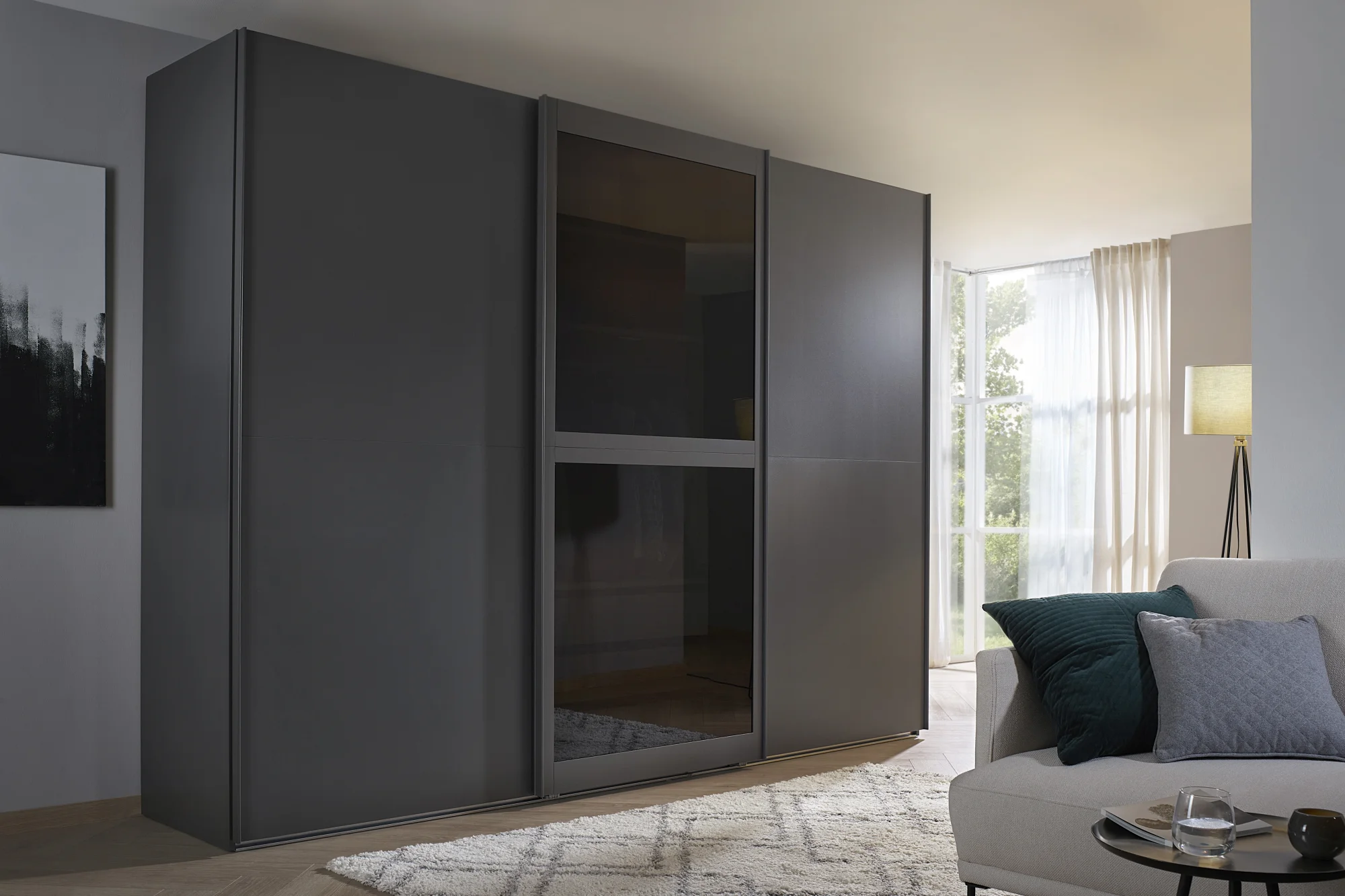 Rauch Select yourJOYce - Schwebetürenschrank Glas Basalt und Grauglas-Rahmentüre