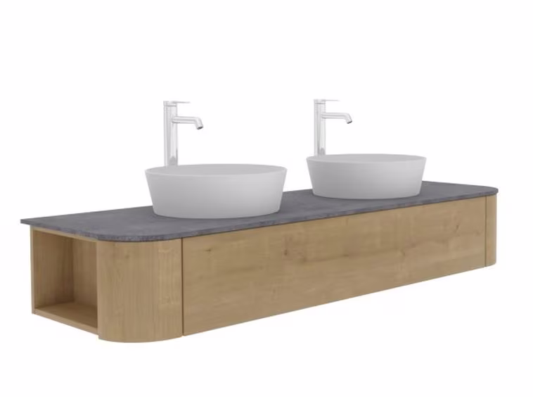 Puris Veluna Doppel-Keramikaufsatzwaschtisch mit Unterschrank - 150 cm