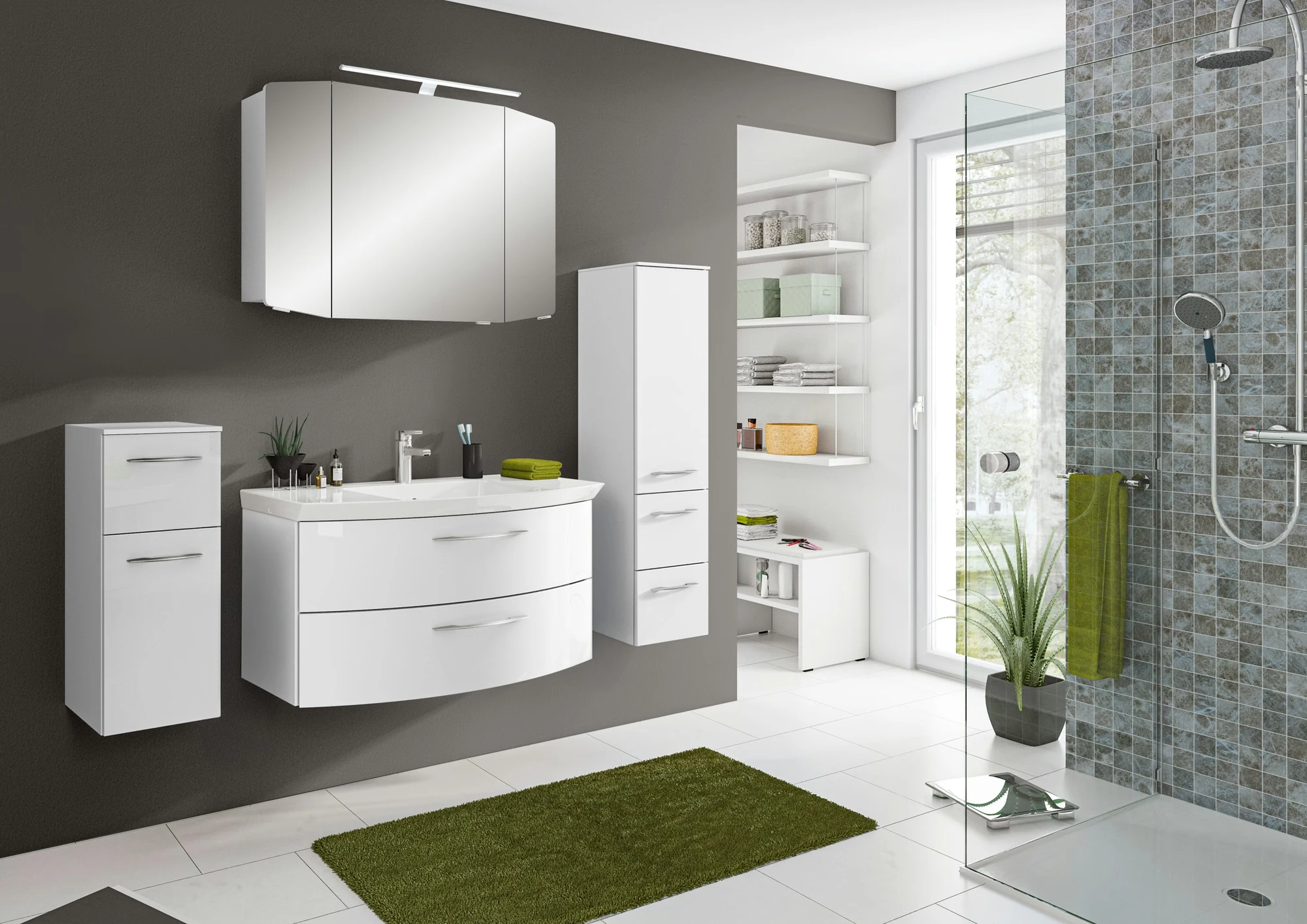 Pelipal Cassca Set in Weiss Glanz mit Mineralmarmorwaschtisch und Spiegelschrank - 100 cm