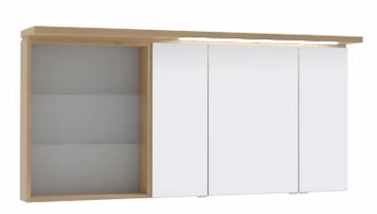 Spiegelschrank 140 cm SET41142L, Spiegelschrank S2A43901D: 3 Doppelspiegeltüren, 2 Mittelwände, 6 Glasfachböden, 1 Schalter-Steckdosen-Element Regal RG 435B: 2 beleuchtete Glasfachböden, 2x2 Watt / Converter 30 Watt Gesimsboden GS1 4114 BL: LED-Beleuchtun