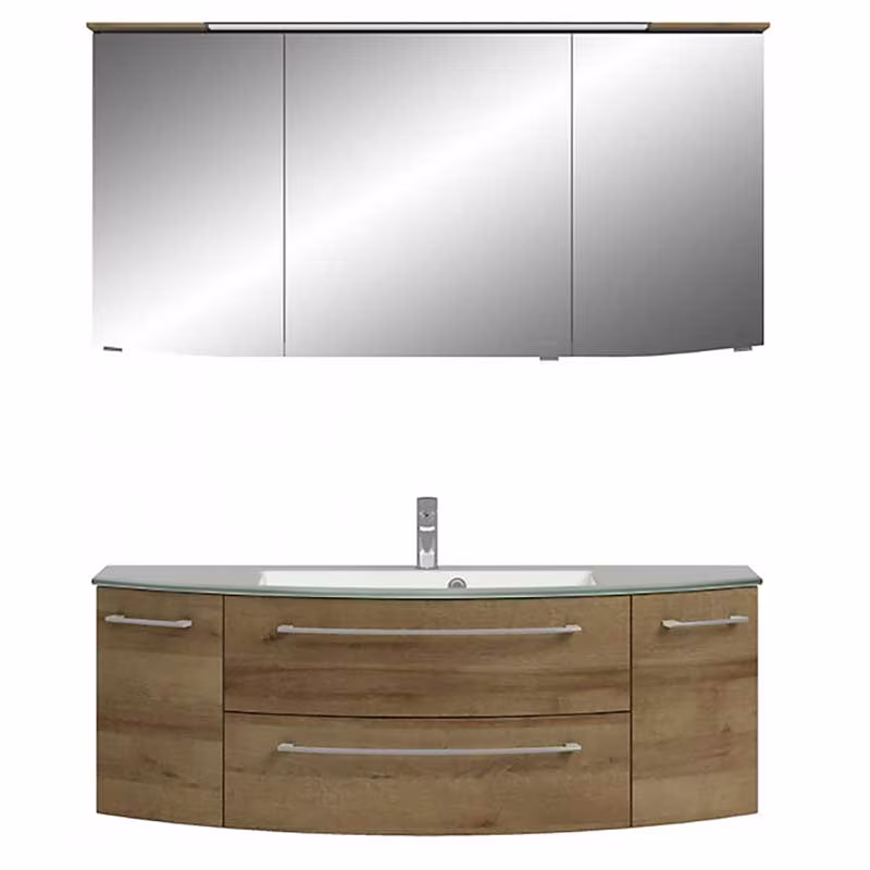Pelipal Cassca Set in Riviera Eiche mit Mineralmarmorwaschtisch und Spiegelschrank - 140 cm