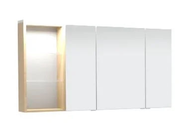 Spiegelschrank-Set 120 cm SET41122L, Spiegelschrank S2A 4390 1D: 3 Doppelspiegeltüren, 2 Mittelwände, 6 Glasfachböden, 1 Schalter-Steckdosen-Element, Regal RG 433B: 2 beleuchtete Glasfachböden, 2 x 1 Watt / Converter 30 Watt Gesimsboden GS1 4112 BL: LED-B