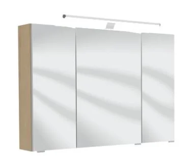Spiegelschrank 90 cm S2A439S1, 1 LED-Aufbauleuchte Lara, 3 Spiegeltüren auf Trägerplatte, 2 Mittelwände, 6 Glasfachböden, 1 Schalter-Steckdosenelement, ohne Facettenschliff, Energieeffizienzklasse: A, B/H/T: 90x64x15 cm