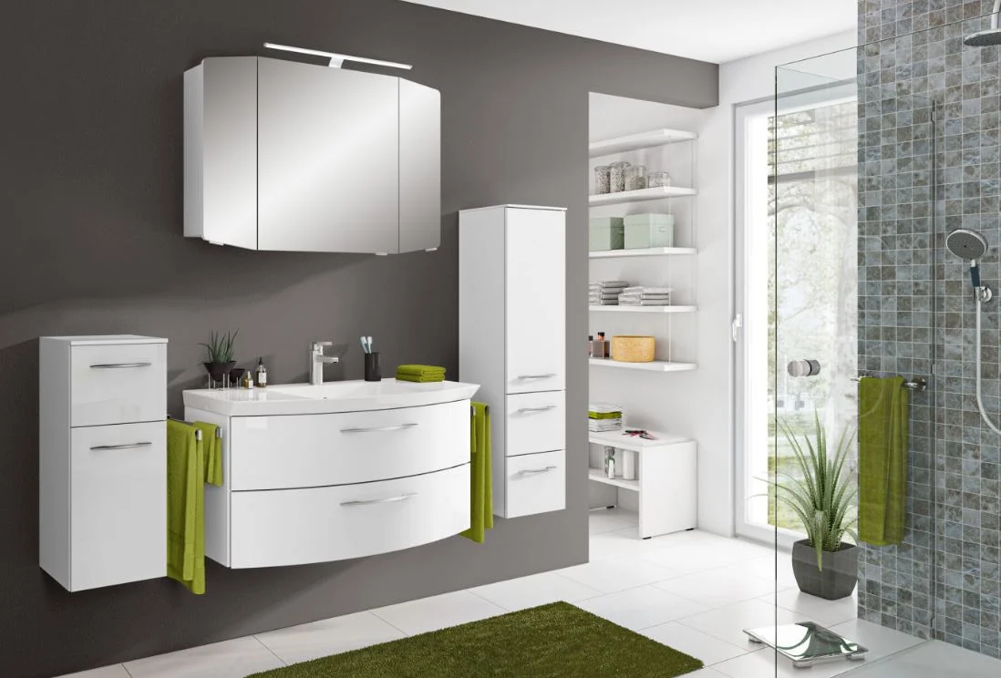 Pelipal Cassca Set in Weiss Glanz mit Mineralmarmorwaschtisch und Spiegelschrank - 100 cm