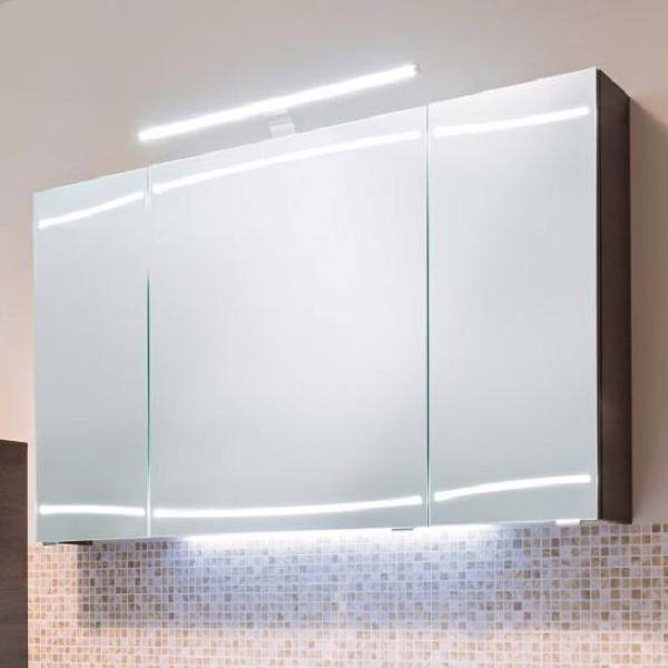 CS SPS 07, inkl. LED Beleuchtung in den Türen, OHNE Aufsatzleuchte, 3 Drehtüren, einfach verspiegelt, 6 Glasböden, mit Schalter und Steckdose - 70,3x100x17 cm