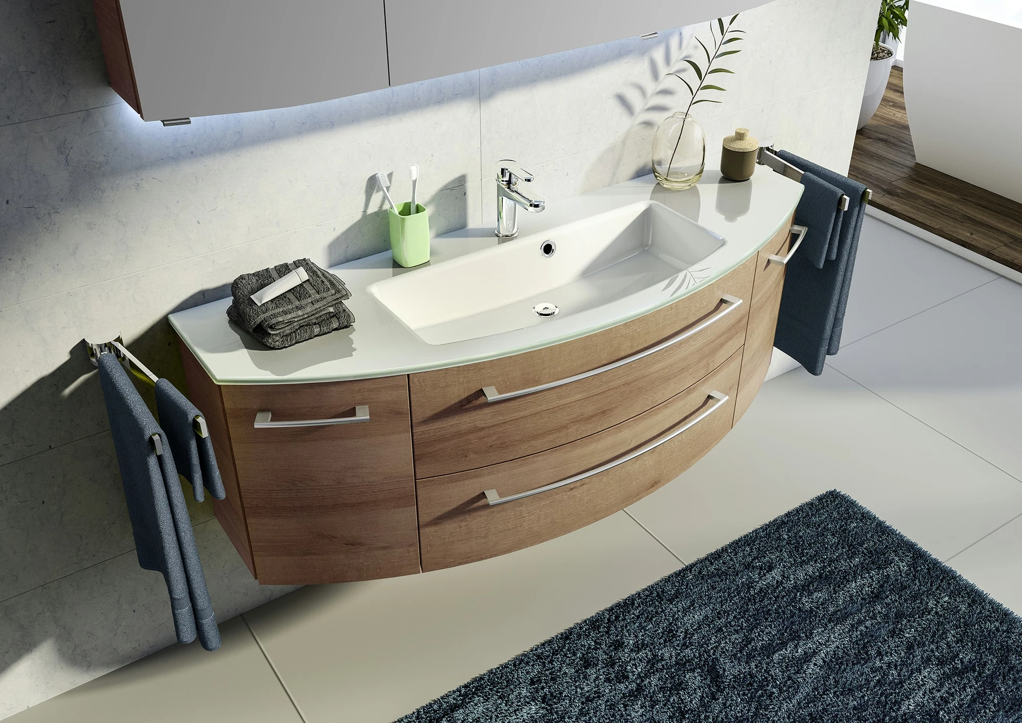 Pelipal Cassca Set in Riviera Eiche mit Glaswaschtisch und Spiegelschrank - 140 cm