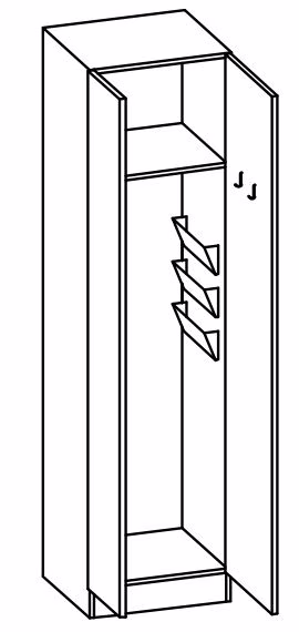 955.305027 Hochschrank / 2 Drehtüren / 1 Boden / 3 Körbe / Halterung für Staubsauger / Hakenleiste / stehend