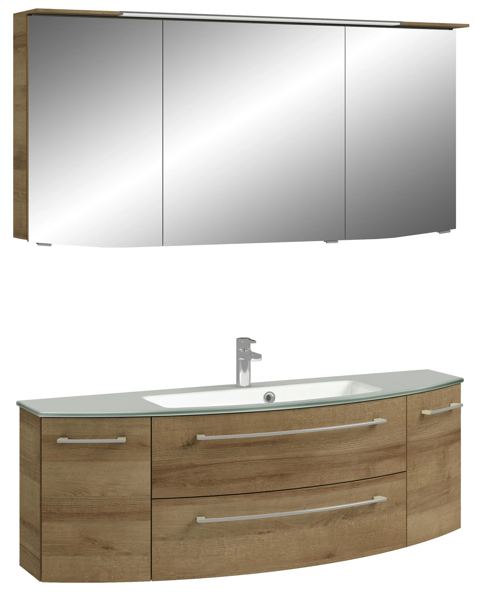 Pelipal Cassca Set in Riviera Eiche mit Glaswaschtisch und Spiegelschrank - 140 cm