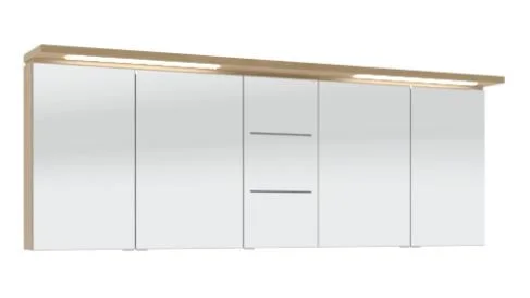 Spiegelschrank 180 cm SET40182, 2 Spiegelschränke S2A 4375 1 D je: 2 Doppelspiegeltüren, 2 Glasfachböden, 1 Schalter-Steckdosen-Element Spiegelschrank S2A 433B 1D L/R: 1 Doppelspiegeltür, 2 sandgestrahlte LED-Lichtfenster, 2 beleuchtete Glasfachböden, 2x1
