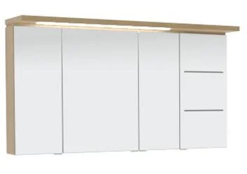 Spiegelschrank-Set 120 cm SET40122R, Spiegelschrank S2A 4390 1D: 3 Doppelspiegeltüren, 2 Mittelwände, 6 Glasfachböden, 1 Schalter-Steckdosen-Element Spiegelschrank S2A 433B 1D R: 1 Doppelspiegeltür, 2 sandgestrahlte LED-Lichtfenster, 2 beleuchtete Glasfac