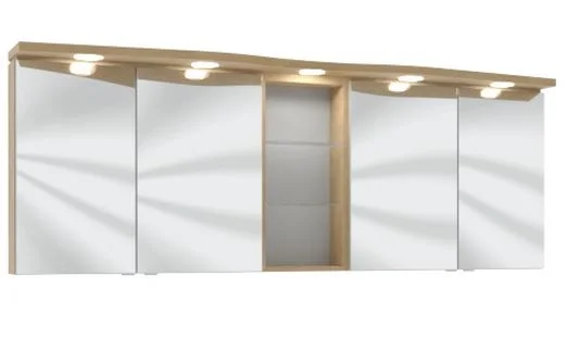 Spiegelschrank 180 cm SET41183, 2 Spiegelschränke S2A 4375 13 je: 2 Spiegeldrehtüren auf Trägerplatte, 2 Glasfachböden, 1 Schalter-Steckdosen-Element, inkl. 1 Converter 15 Watt Regal RG 433B: 2 beleuchtete Glasfachböden, 2x1 Watt / Converter 15 Watt Gesim