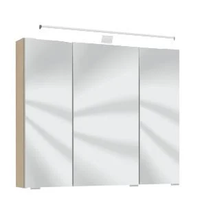 Spiegelschrank 70 cm S2A437S1, 1 LED-Aufbauleuchte, 3 Spiegeltüren auf Trägerplatte, 2 Mittelwände, 6 Glasfachböden, 1 Schalter-Steckdosenelement, ohne Facettenschliff, Energieeffizienzklasse: A, B/H/T: 70x64x15 cm.