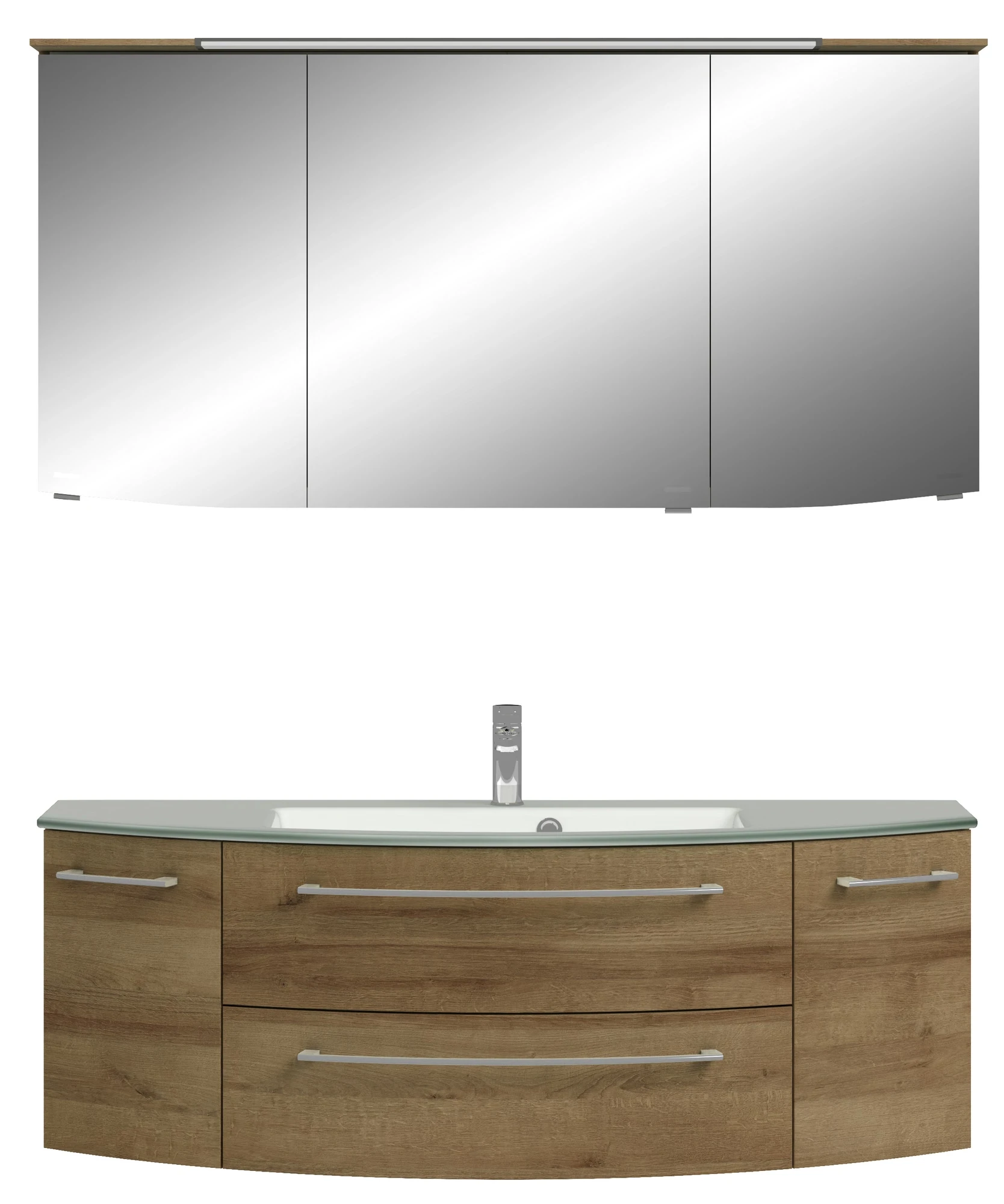 Pelipal Cassca Set in Riviera Eiche mit Glaswaschtisch und Spiegelschrank - 140 cm