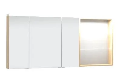 Spiegelschrank 140 cm SET41146R,bestehend aus Spiegelschrank (S2A 4390 1D) 3 Doppelspiegeltüren 2 Mittelwände, 6 Glasfachböden 1 Schalter-Steckdosen-Element bestehend aus Regal (RG 435B) 2 beleuchtete Glasfachböden 2 x 1 Watt 2 x 36 Lumen / (3000 -) 6500