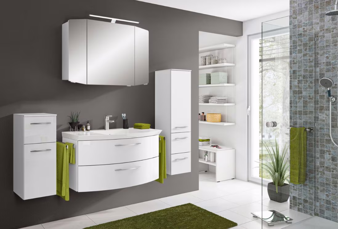 Pelipal Cassca Set in Weiss Glanz mit Mineralmarmorwaschtisch und Spiegelschrank - 100 cm 