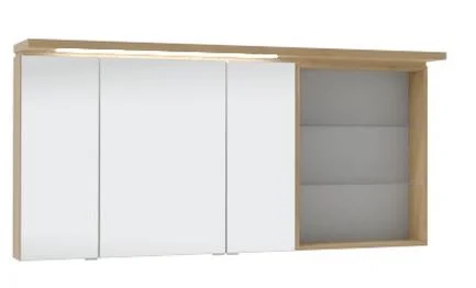 Spiegelschrank 140 cm SET41142R, Spiegelschrank S2A43901D: 3 Doppelspiegeltüren, 2 Mittelwände, 6 Glasfachböden, 1 Schalter-Steckdosen-Element Regal RG 435B: 2 beleuchtete Glasfachböden, 2x2 Watt / Converter 30 Watt Gesimsboden GS1 4114 BR: LED-Beleuchtun