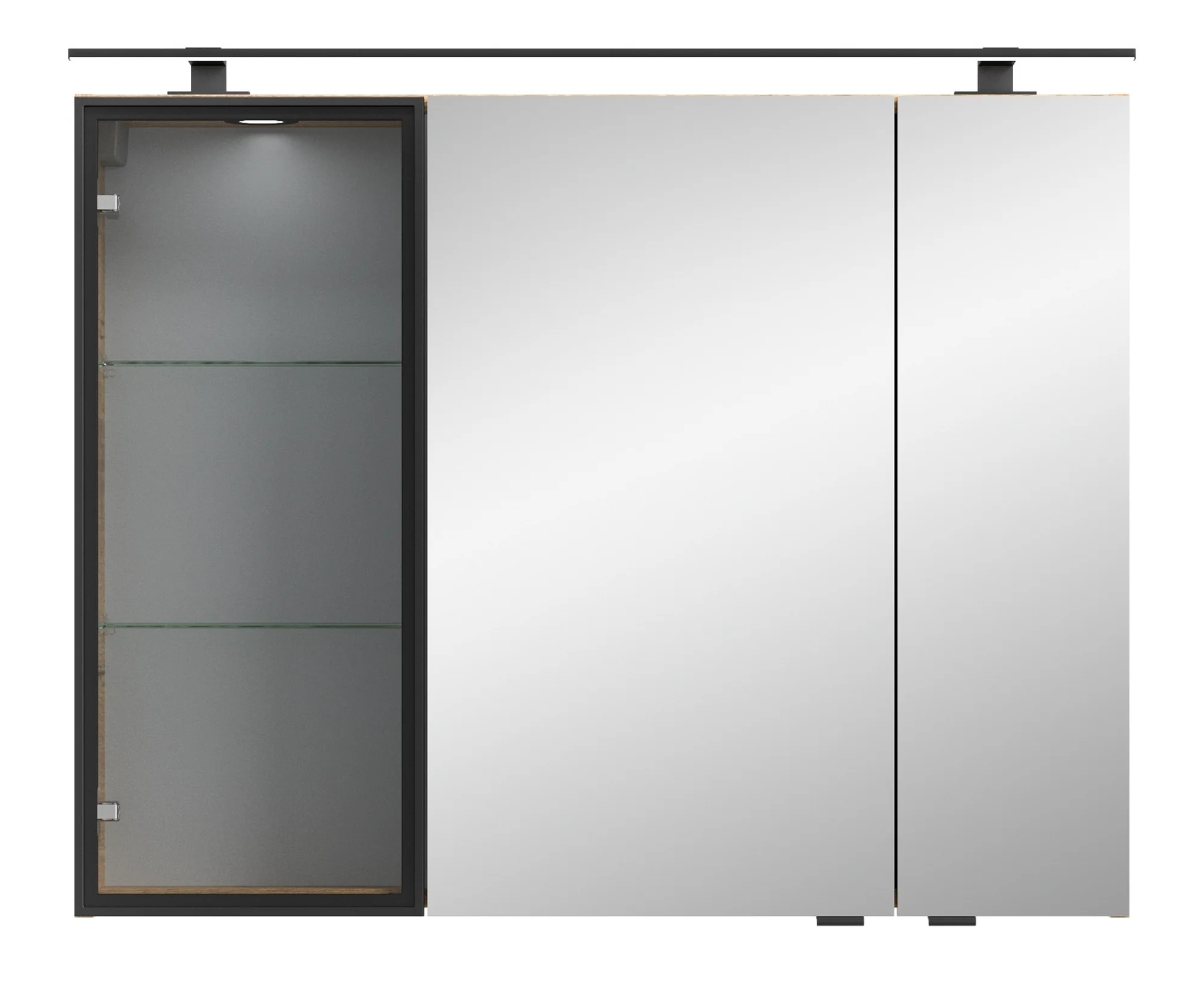 SENE00990 L/R Spiegelschrank mit Vitrine mit schwarzer Glastür