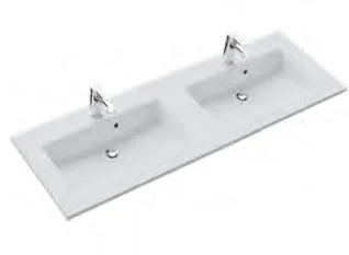Doppel-Solid Surface Waschtisch weiss matt, mit Armaturbohrungen und Überläufen - 2x153x50 cm