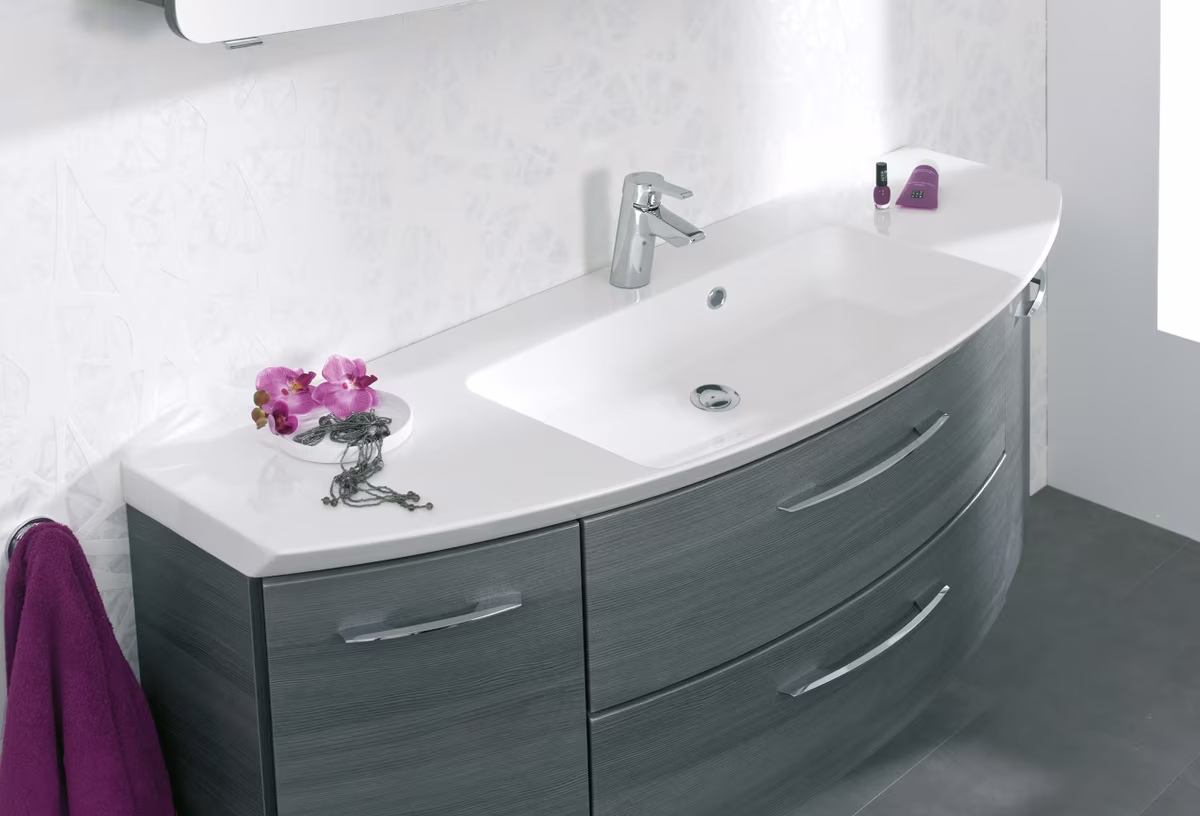 Calmo Badmöbelset 120 cm breit Grau - Waschtisch, Waschtischunterschrank, Spiegelschrank - Ansicht 2