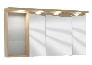 Spiegelschrank 120 cm SET41123L, Spiegelschrank S2A 4390 13: 3 Spiegeldrehtüren auf Trägerplatte, 2 Mittelwände, 6 Glasfachböden, 1 Schalter-Steckdosen-Element, inkl. Converter 30 Watt Regal RG 433B, 2 bleuchtete Glasfachböden, 2x1 Watt Gesimsboden GS1 42